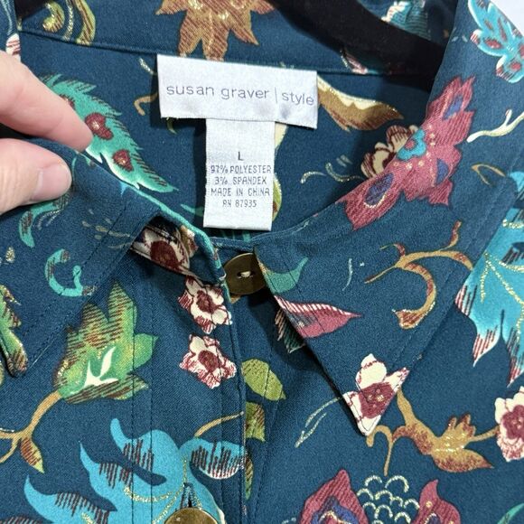 Susan Graver Style Teal Floral 3/4 Sleeve Button Up Shirt Blouse Women's L - Picture 8 of 9